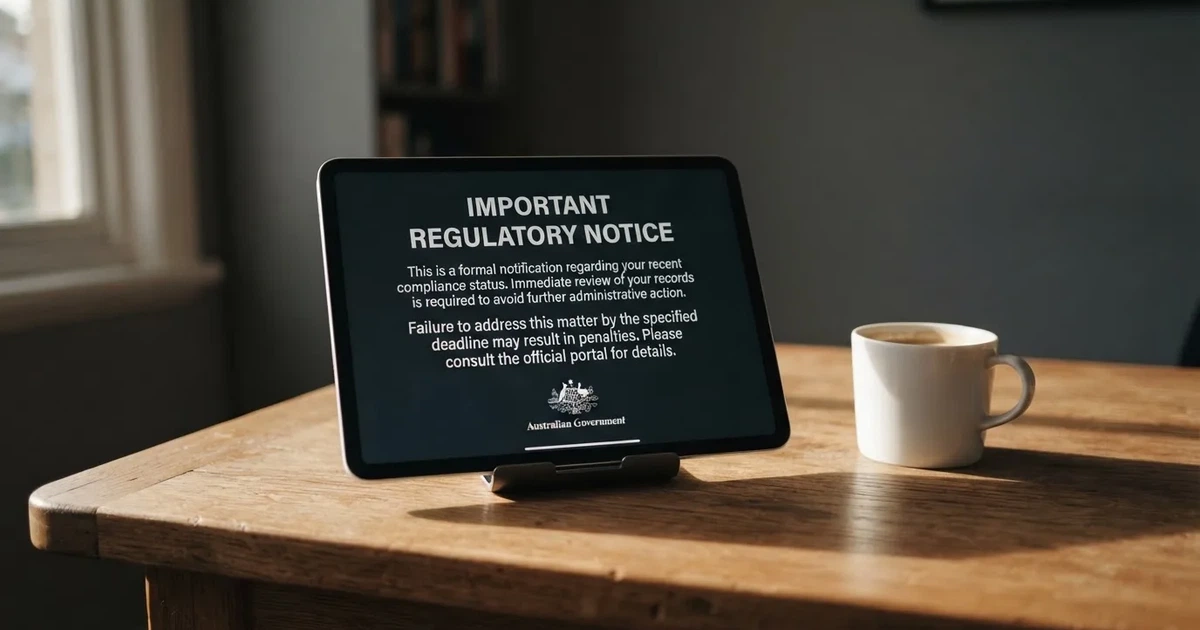 A tablet on a desk displays a plain government-style warning notice page, with a coffee cup beside it.