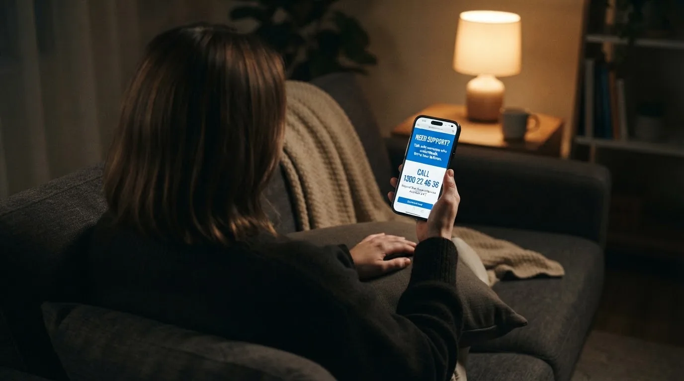 A person looks at a support-helpline page on a phone while sitting alone on a sofa.